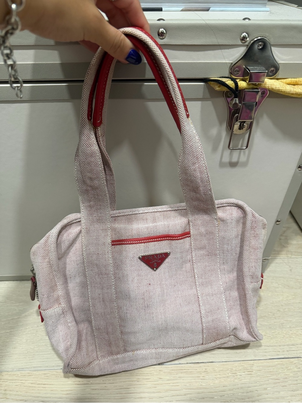 Prada Light Pink Canvas Tote with Red Trim